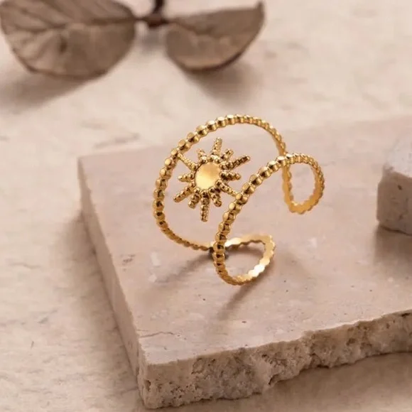 Stainless Steel Gold Tone Sunburst Adjustable Ring (R42) - Picture 4 of 10